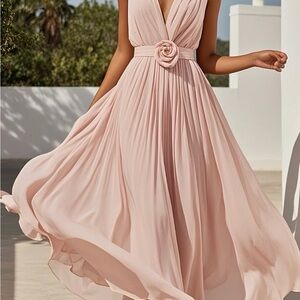Chic Blush Maxi Dress with Rose Detail
